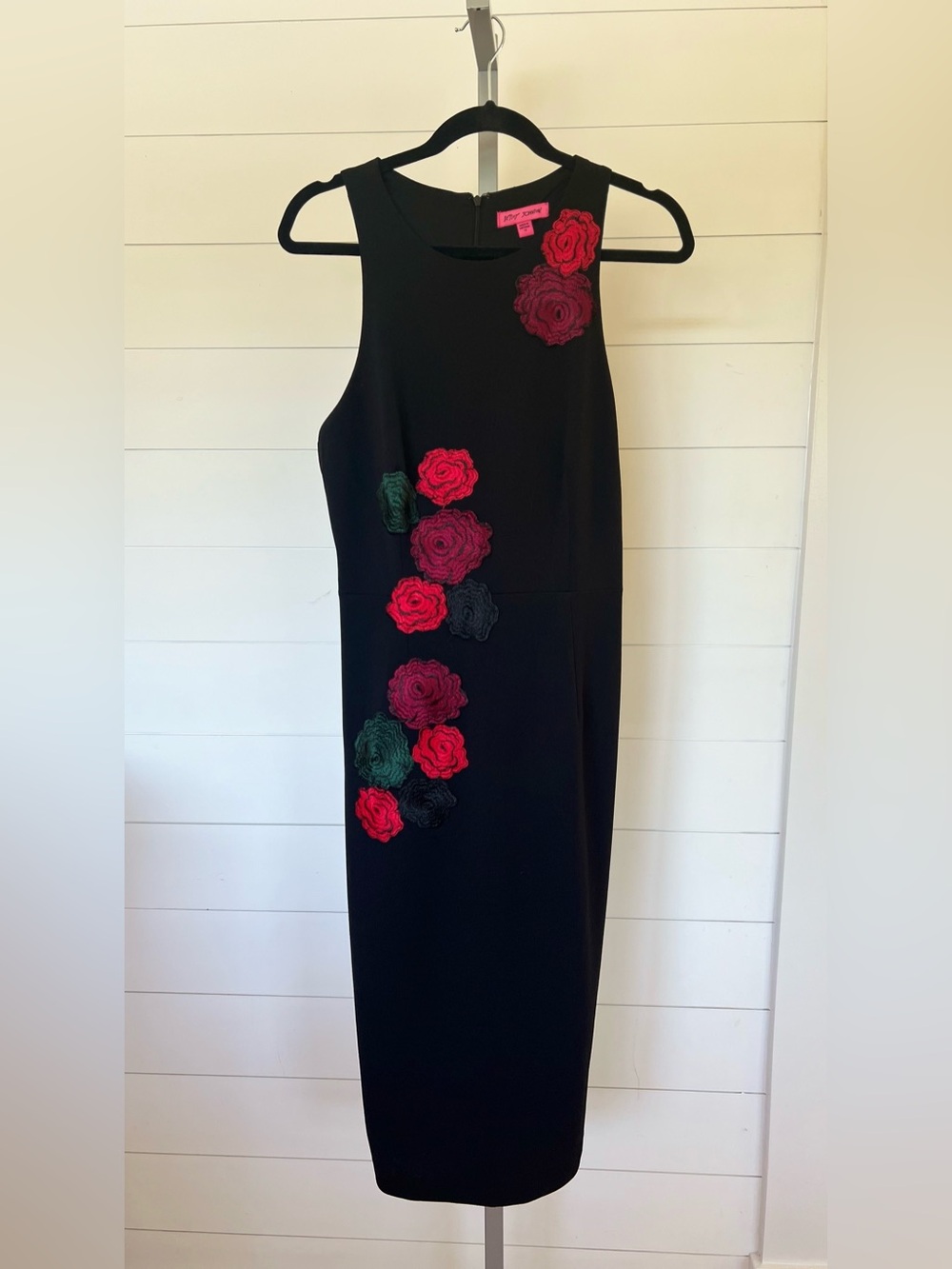 Betsey Johnson Black Midi Dress with Floral Appliqués